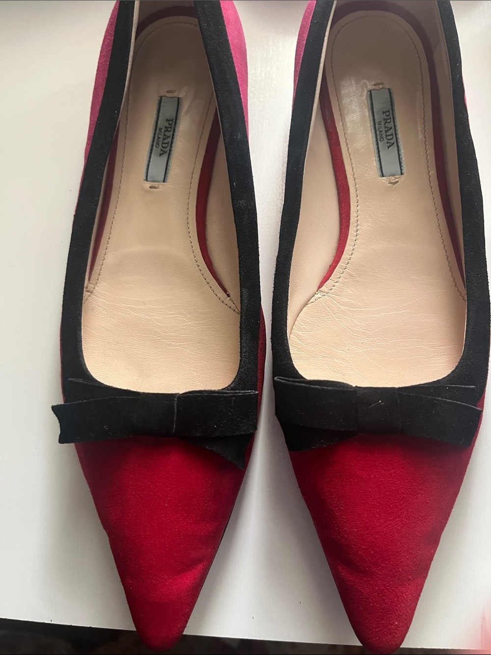 Prada Red & Pink Suede Pointed Flats with Black Trim & Bow Accent Size 40